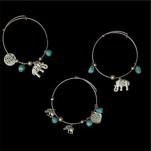 Elephant Charm Bangle Set in Silver and Turquoise New